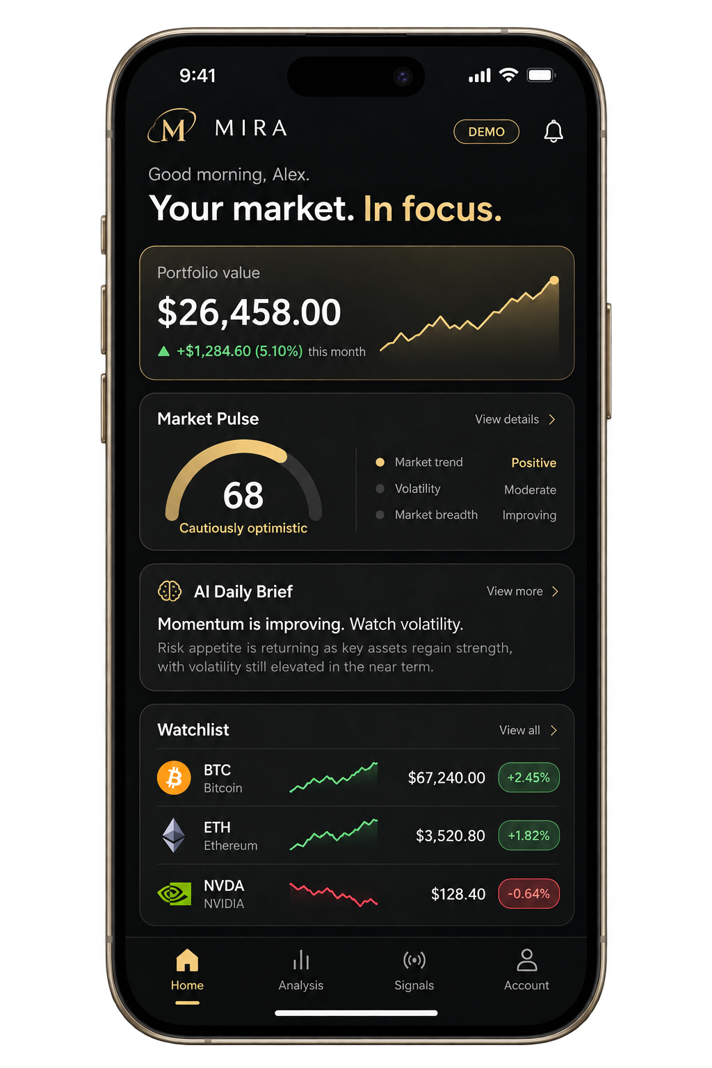MIRA home screen with portfolio value, market pulse, daily brief, and watchlist