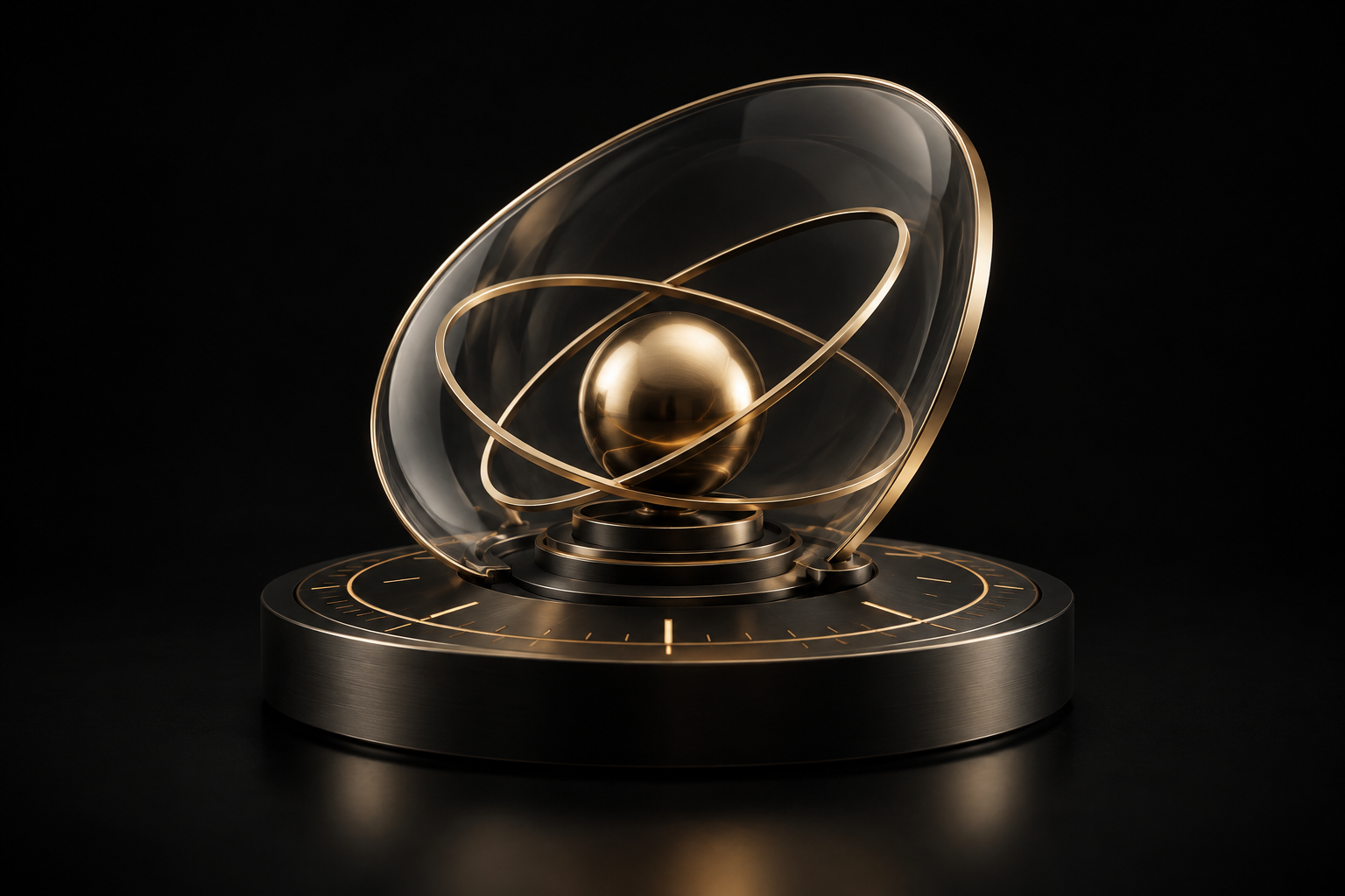 A golden core surrounded by precision orbit rings and a smoked-glass protective structure